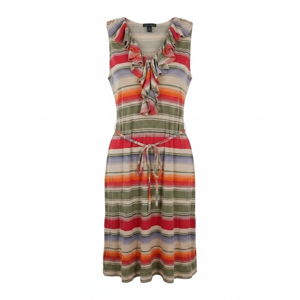 Lauren Ralph Lauren Dress Womens Small Green Red Ruffle Keyhole Western Aztec